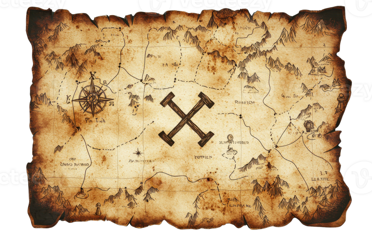 Antique treasure map with vintage compass rose, depicting an adventure-filled journey to discover hidden treasures. png