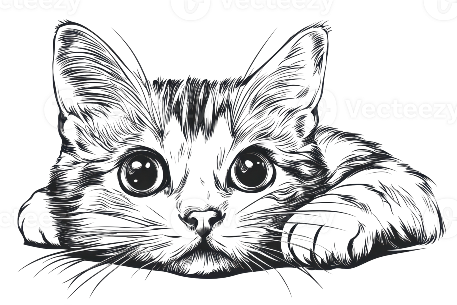 Artistic sketch of a curious cat with expressive eyes, capturing the essence of feline intrigue and charm in a detailed black and white drawing. png