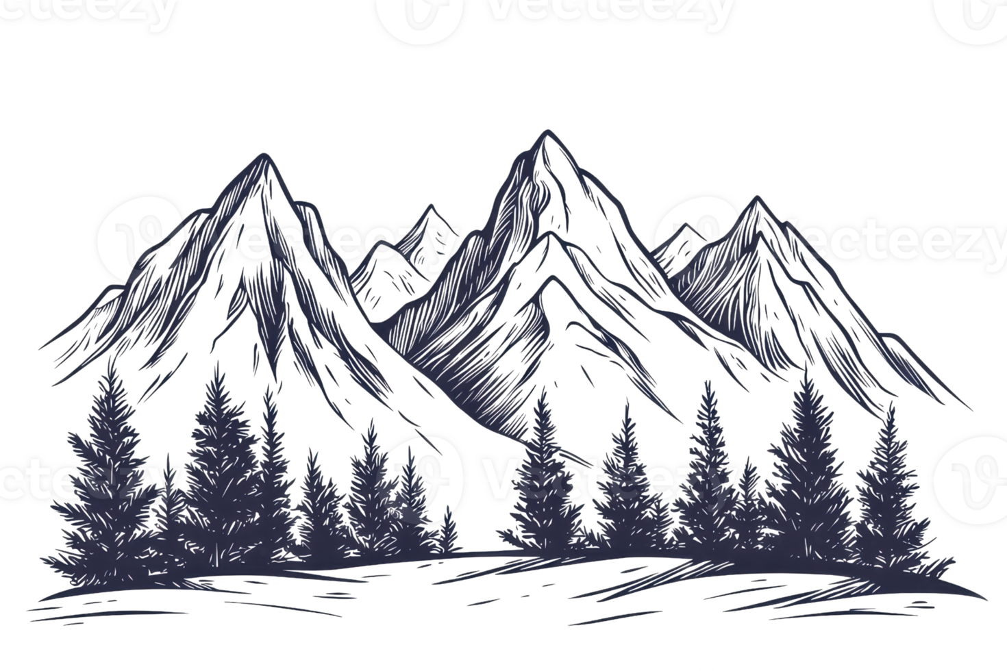 Artistic sketch of mountain range with evergreen trees, evoking a tranquil and natural wilderness scene. Perfect for nature-themed projects. png
