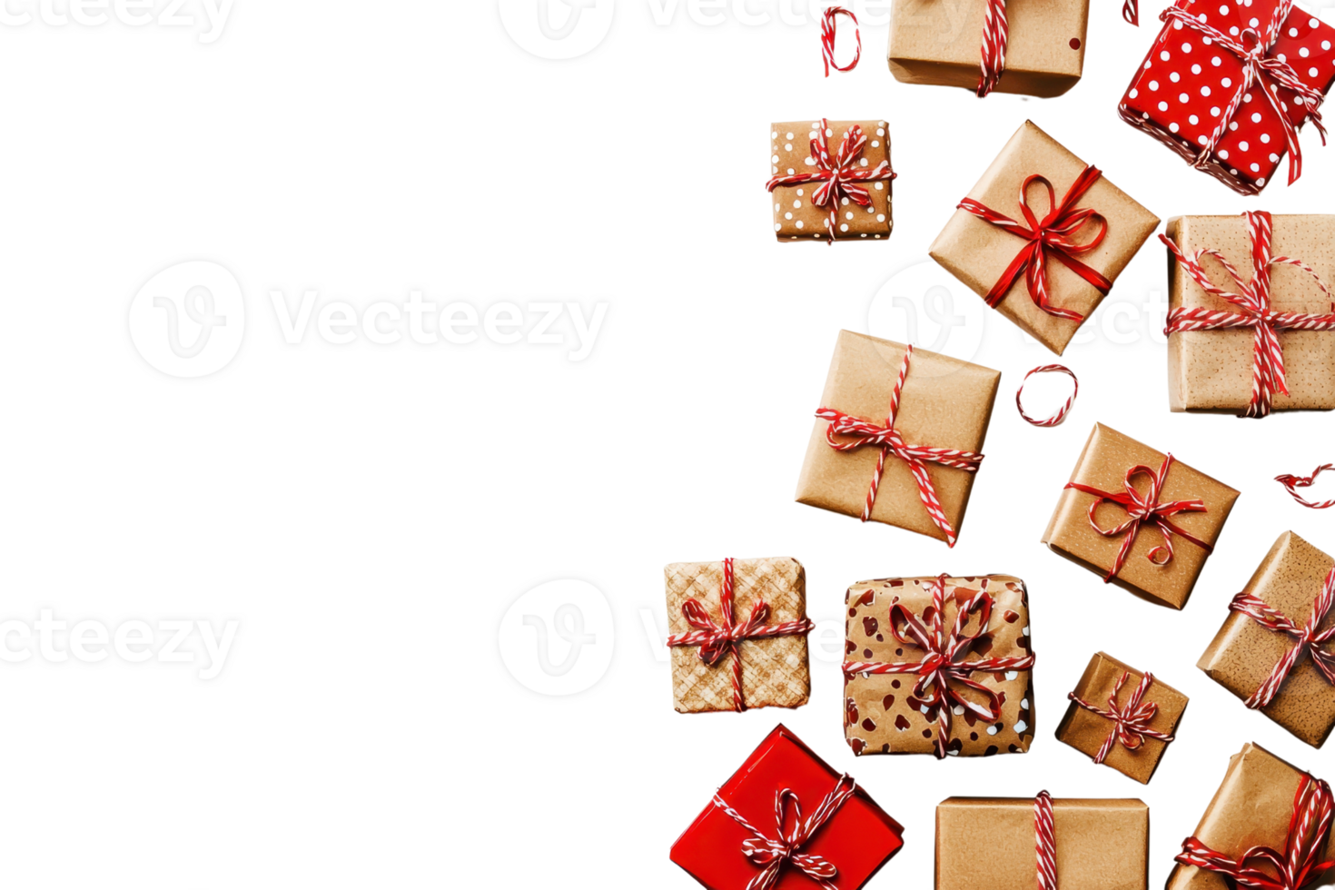 Assorted Christmas gifts wrapped in festive paper and tied with ribbons on a transparent background. perfect for holiday-themed designs. png