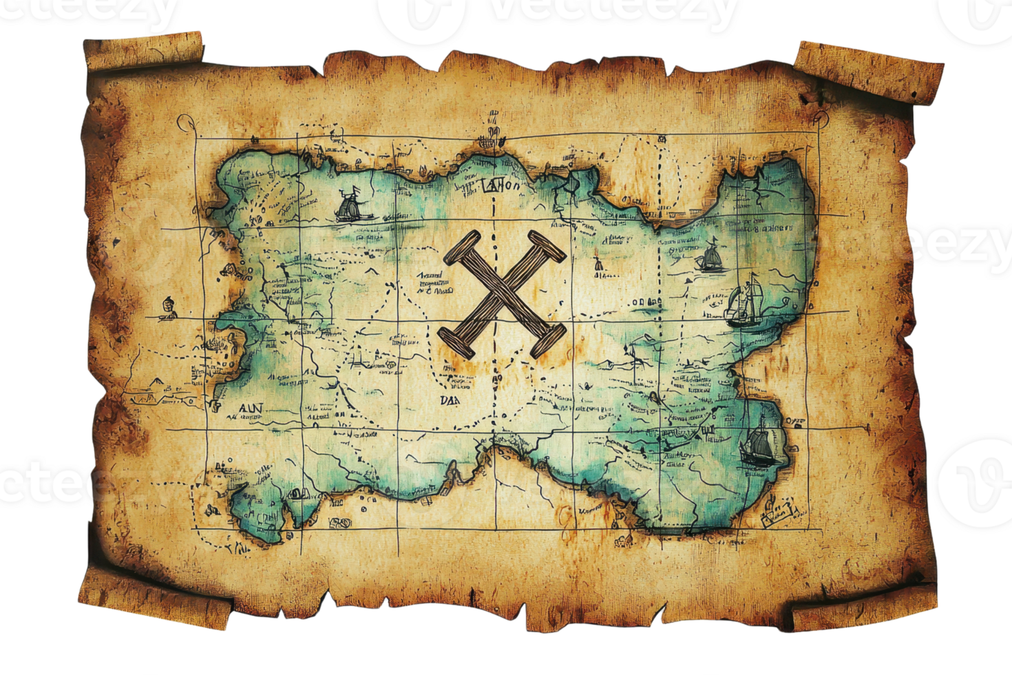 Antique pirate treasure map with oceanic details and marked location, symbolizing adventure and exploration on aged parchment. png