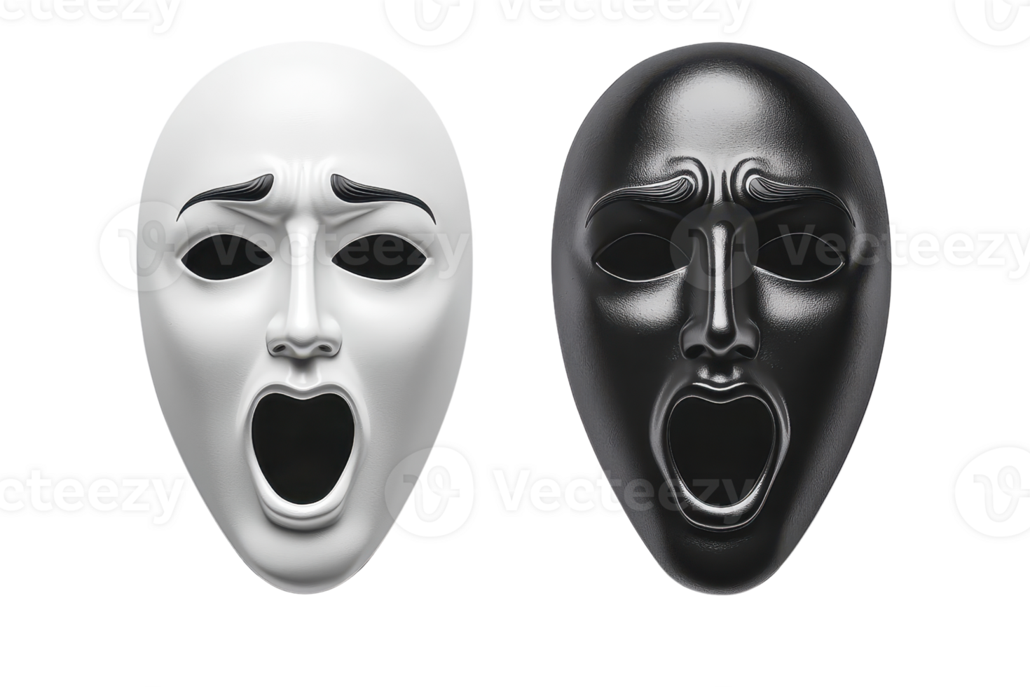 Black and white dramatic masks with expressive emotions symbolizing duality, theater, and art. Perfect for thematic decorations. png
