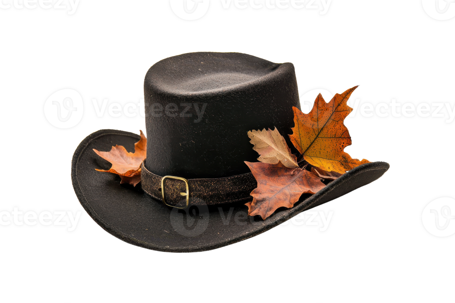 Black cowboy hat adorned with autumn leaves on transparent background. perfect for fall season themes and rustic fashion concepts. png
