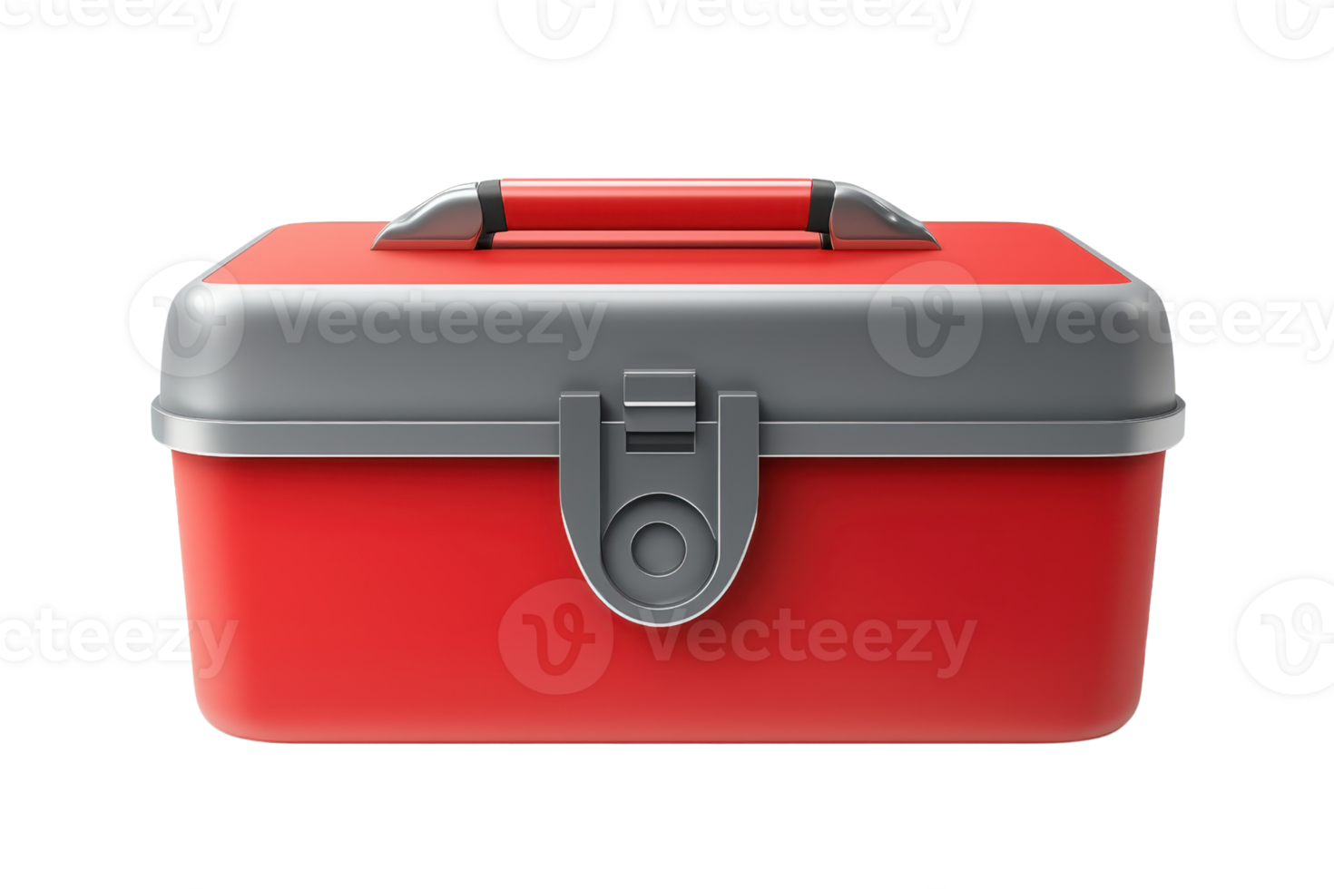 Bright red plastic lunchbox with a sturdy gray handle, perfect for carrying meals, snacks, and beverages. Ideal for school or work. png