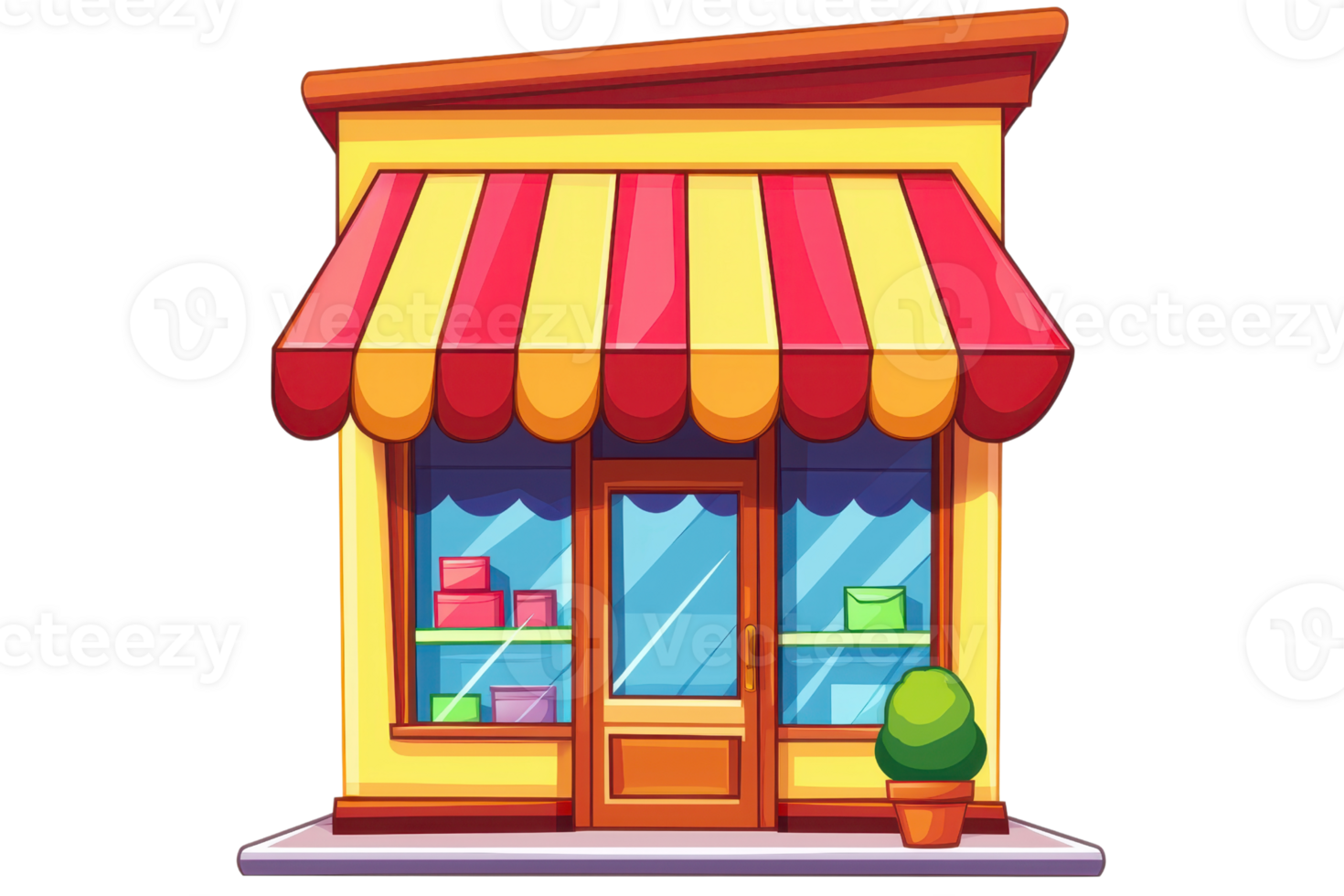 Bright and colorful illustration of a small shop with a striped awning. Ideal for representing retail, business, or storefront themes. png