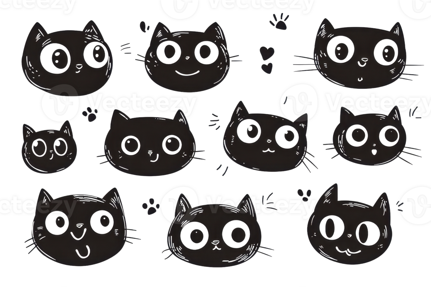 Charming black cat doodles with playful expressions, surrounded by tiny hearts and stars. Perfect for cute and whimsical design projects. png