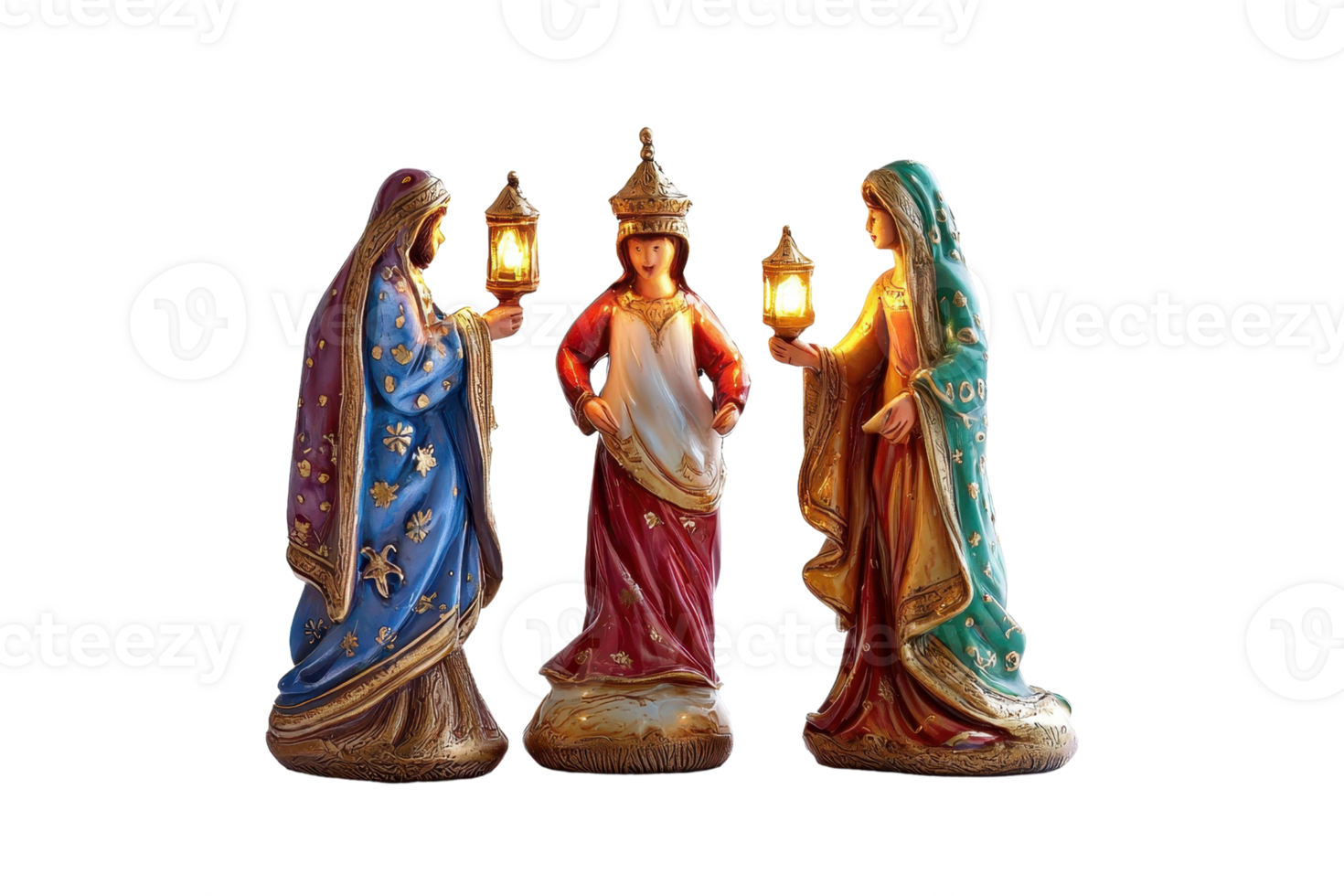 Ceramic nativity scene figurines featuring three wise men holding lanterns. Perfect for Christmas decoration and festive displays. png