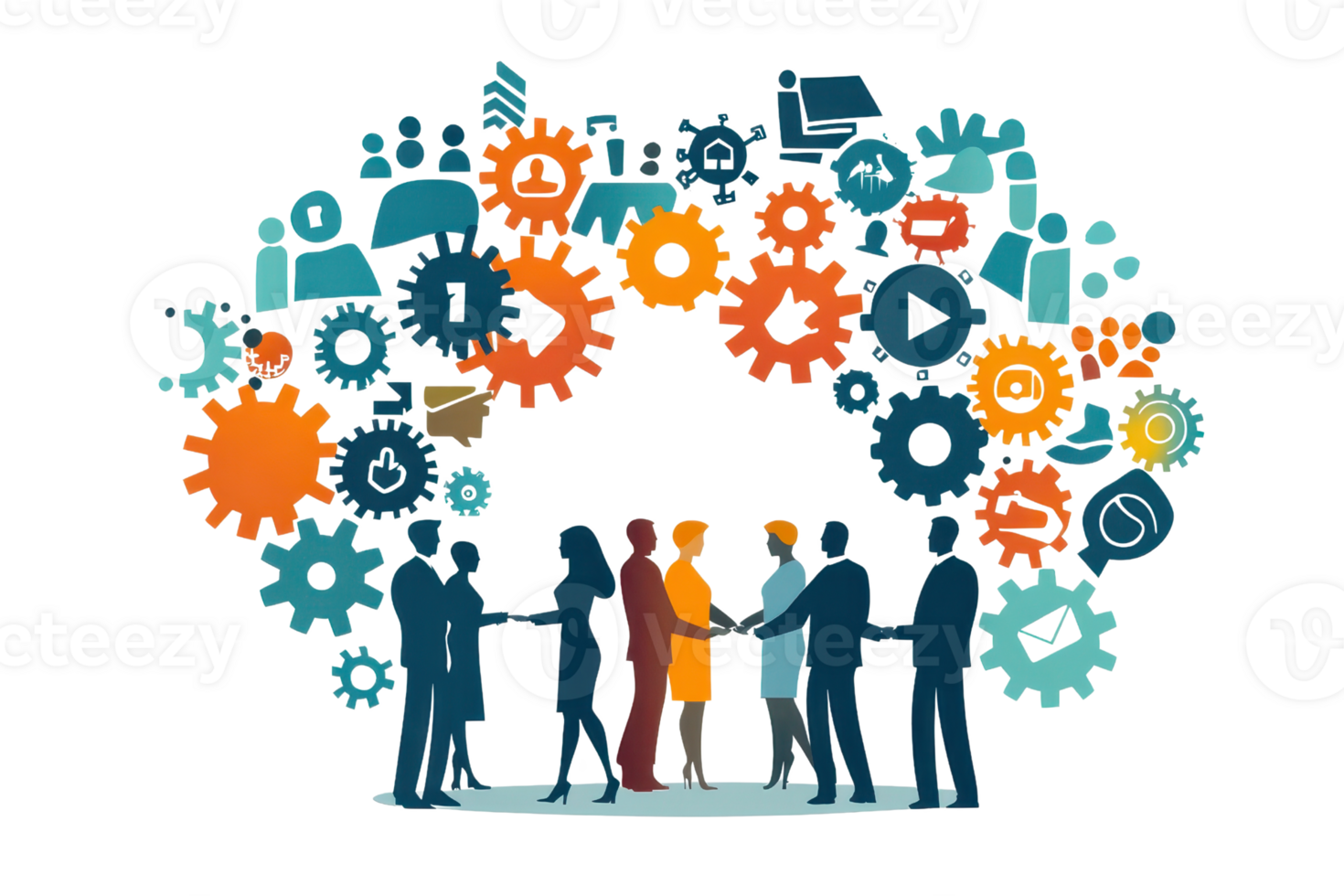 Business team collaboration concept with colorful cogwheels and icons symbolizing teamwork, innovation, and efficient workflows. png