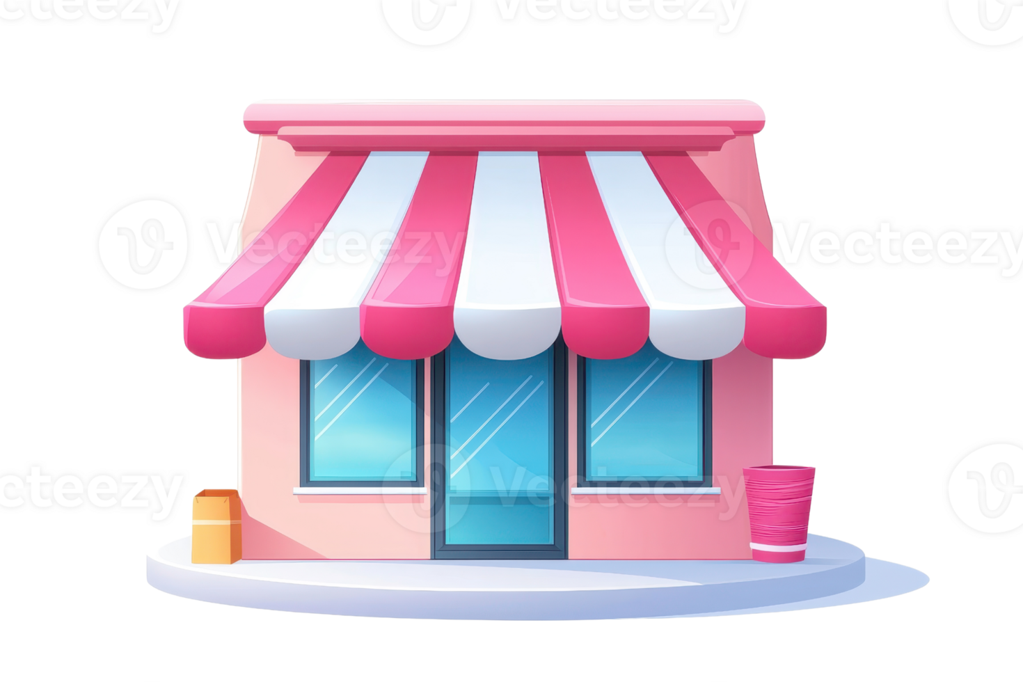 Charming small shop with red and white striped awning and glass windows, perfect for a cozy storefront or cute cafe concept. png