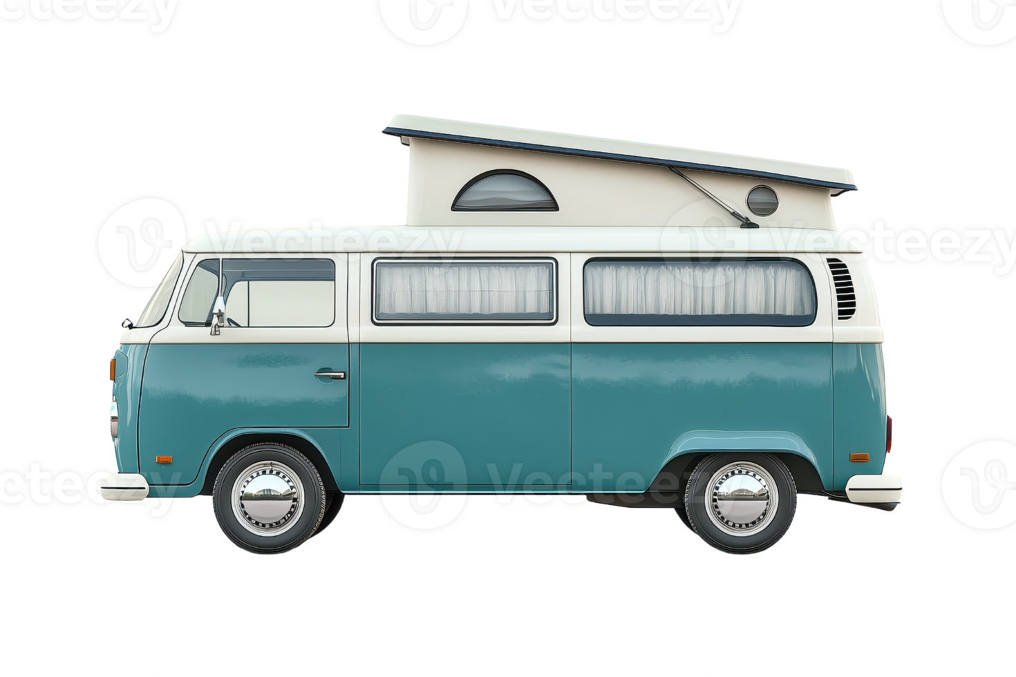 Classic retro camper van with pop-up roof in side view, perfect for travel and adventure enthusiasts. Vintage style and iconic design. png