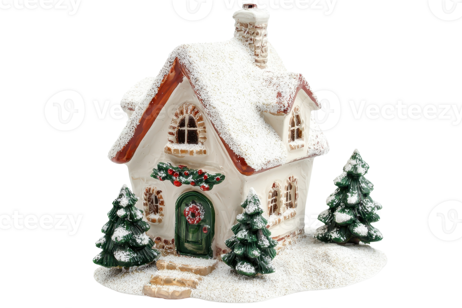 Charming snow-covered gingerbread house with festive decorations and miniature pine trees. perfect for holiday-themed designs and crafts. png