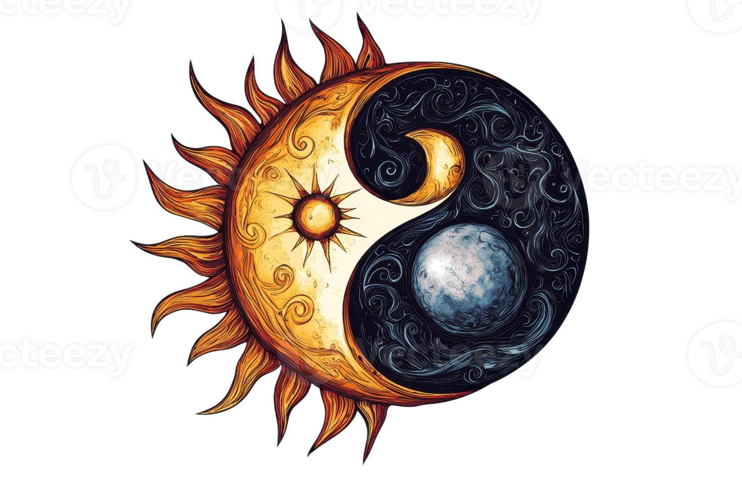 Artistic yin-yang design with sun and moon elements, symbolizing balance and harmony. Perfect for meditation and spiritual themes. png