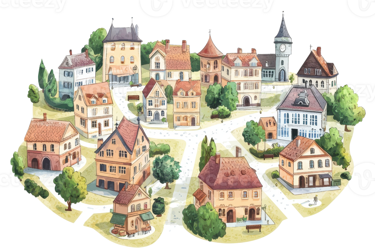 Charming illustrated village scene with a variety of quaint houses and lush greenery, showcasing a peaceful and idyllic small town atmosphere. png