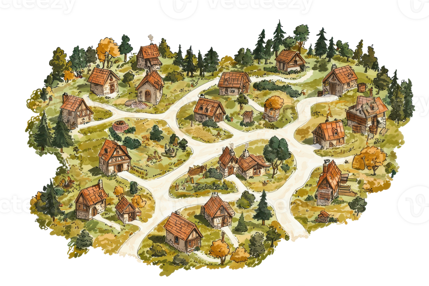 Charming aerial view of a cozy village with rustic cottages and winding paths surrounded by lush greenery and vibrant fall foliage. png