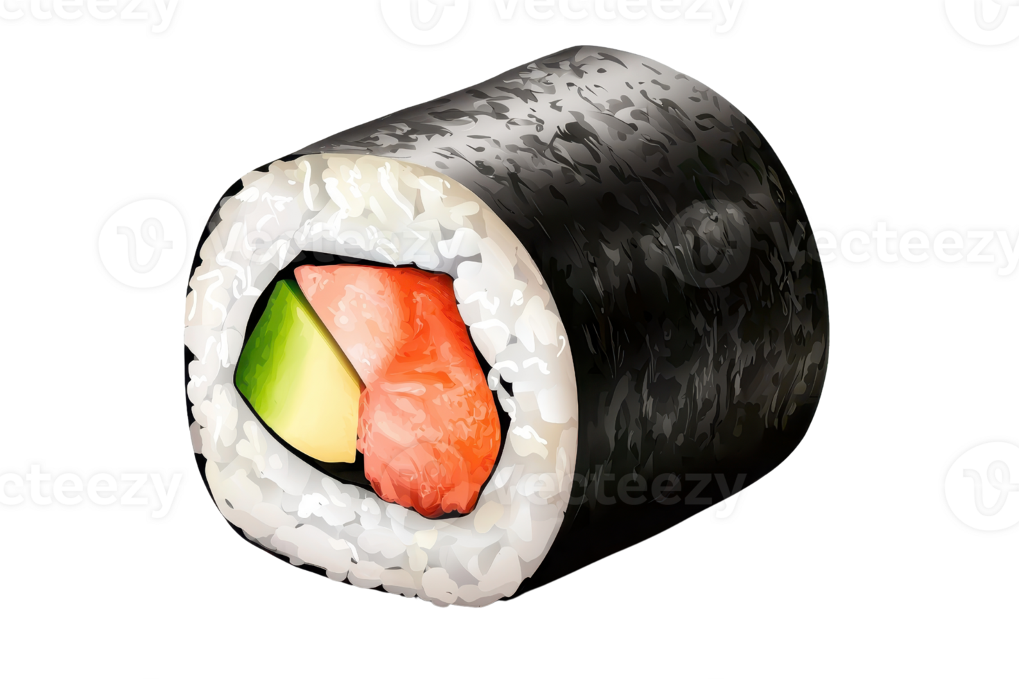 Close-up of a fresh sushi roll with salmon, avocado, and cucumber wrapped in seaweed, showcasing vibrant colors and textures. png