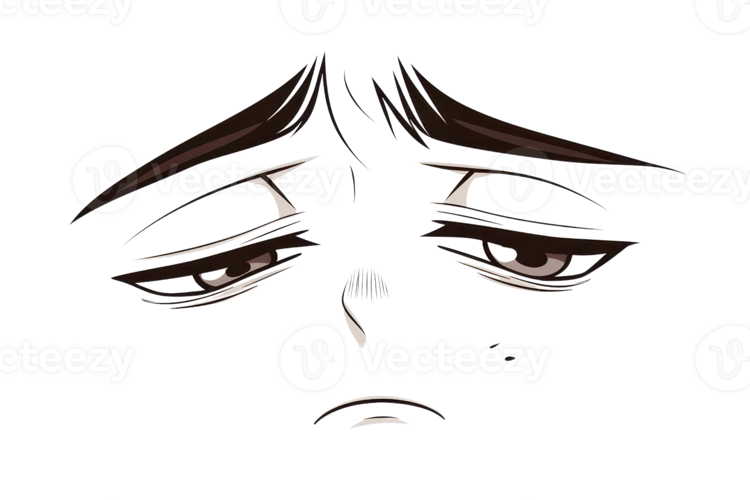 Close-up of expressive cartoon eyes and eyebrows conveying sadness or disappointment in a detailed illustration. Perfect for emotional themes. png