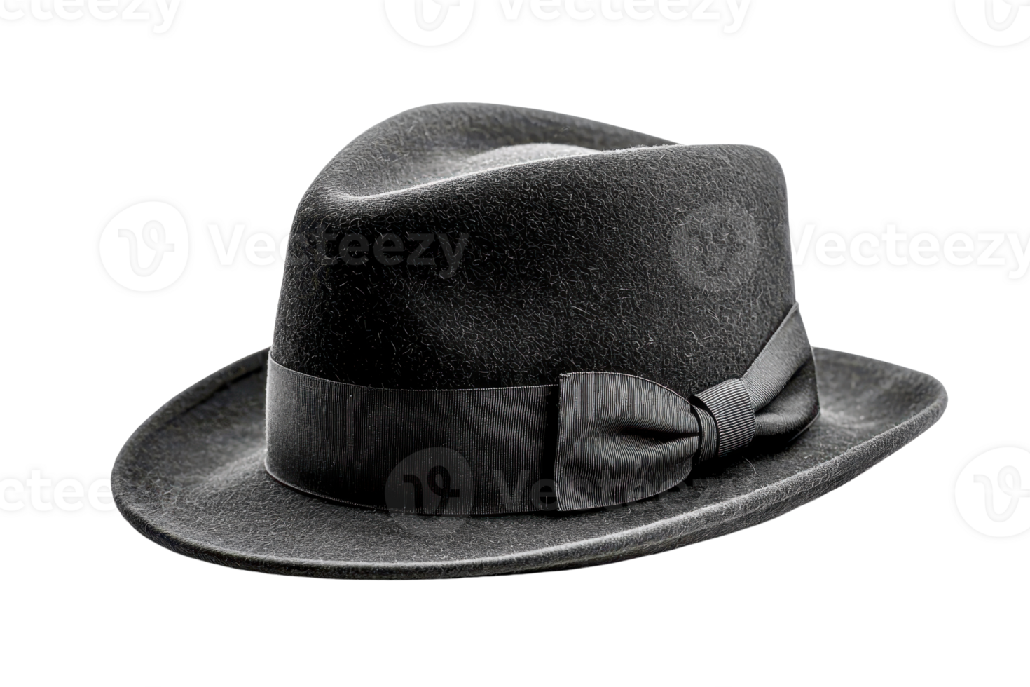 Classic black fedora hat with a stylish ribbon detail. Perfect for adding a touch of elegance and charm to any outfit or occasion. png