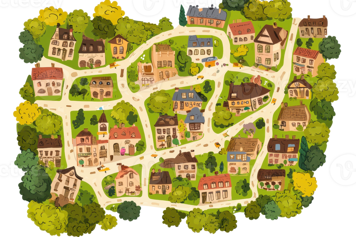 Charming illustrated village map with winding roads and colorful houses surrounded by lush greenery, showcasing quaint rural architecture. png