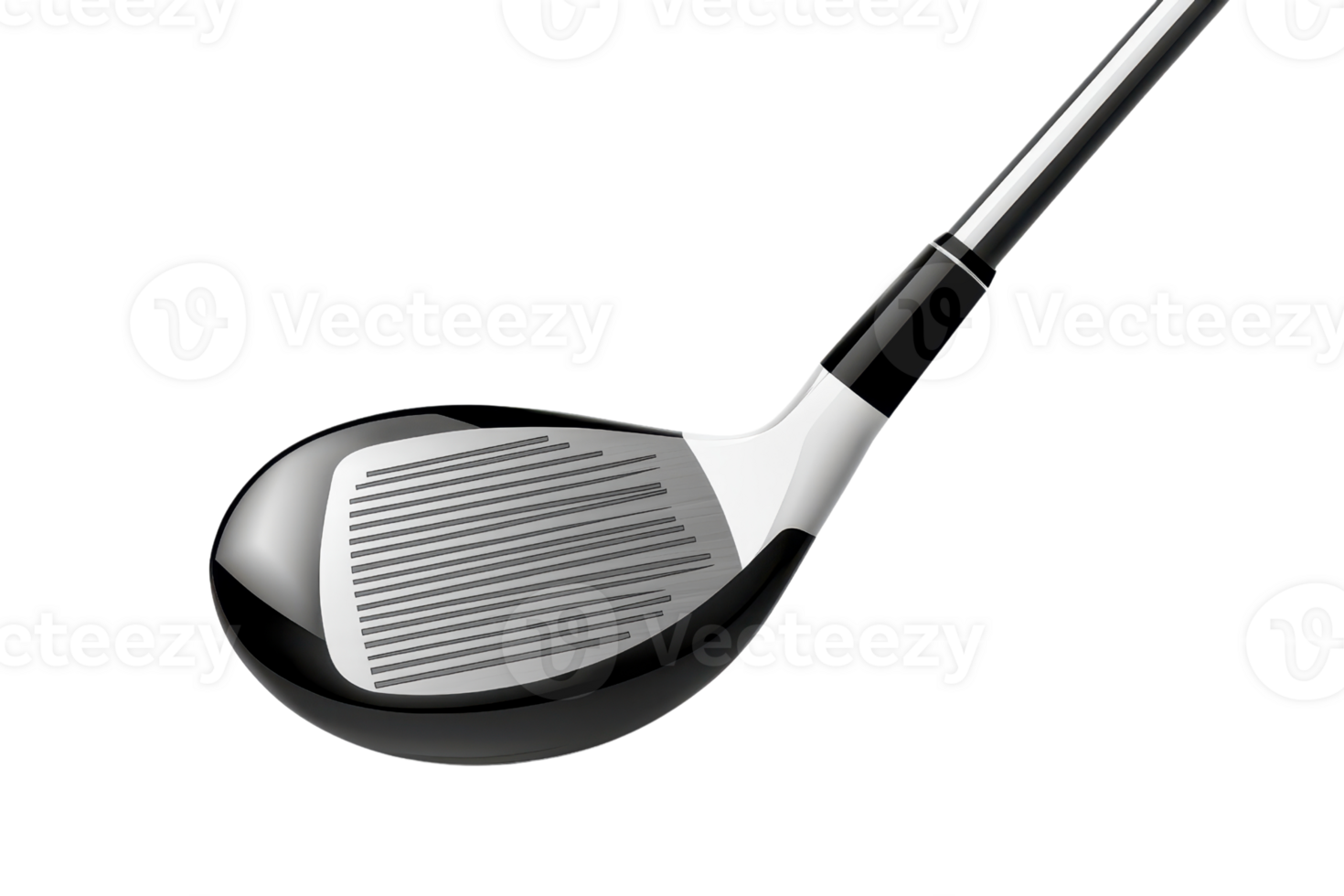 Close-up of a sleek golf club head with a shiny finish, showcasing the detailed grooves designed for precision and performance on the course. png