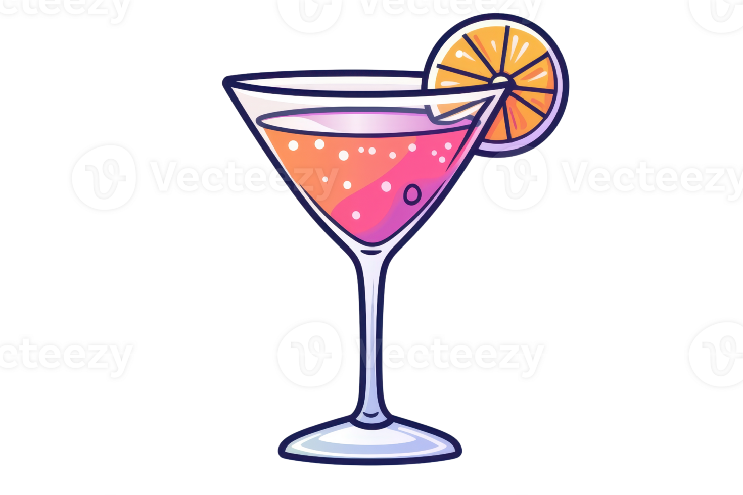 Colorful cartoon cocktail glass with a vibrant drink and an orange slice garnish, perfect for summertime and party themes. png
