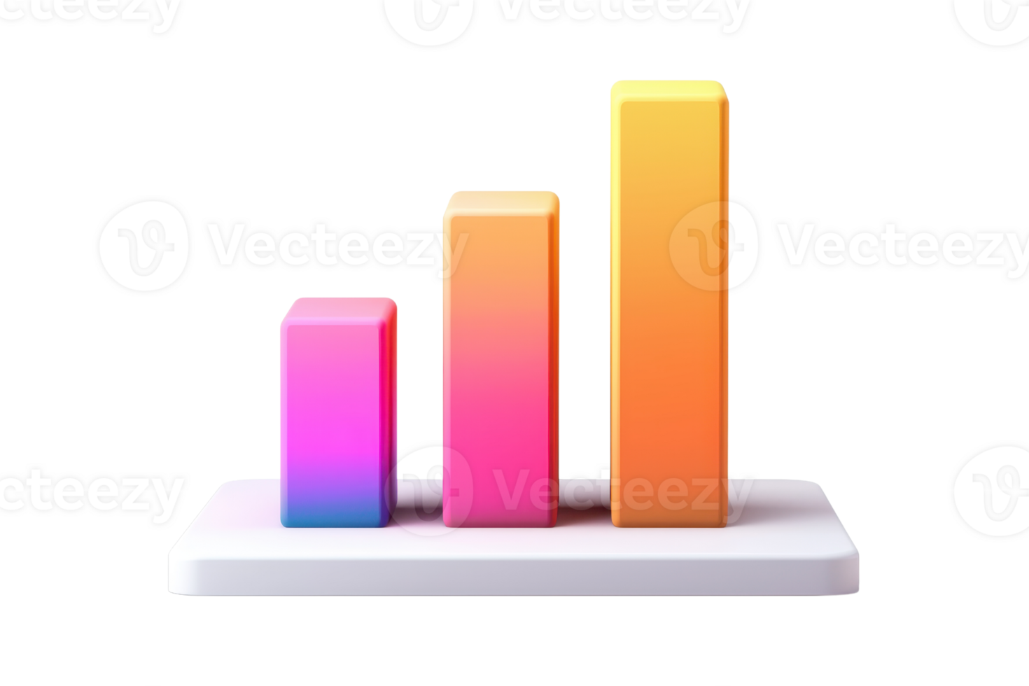 Colorful 3D bar chart on a white platform symbolizing growth and progress in business with vibrant gradient bars. png
