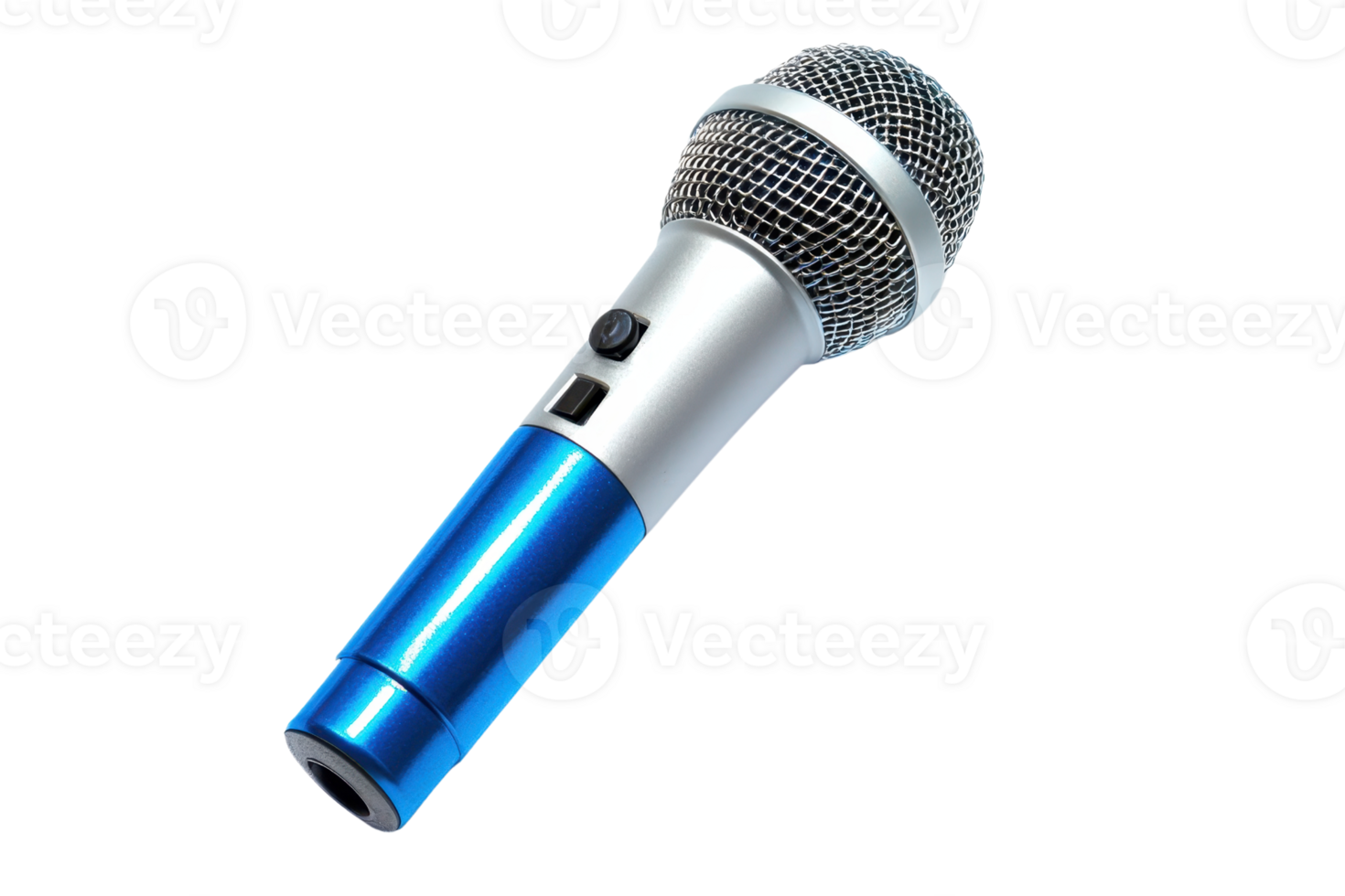 Close-up of a modern microphone with a blue handle and silver grille, isolated on transparent background.ideal for audio and music concepts. png