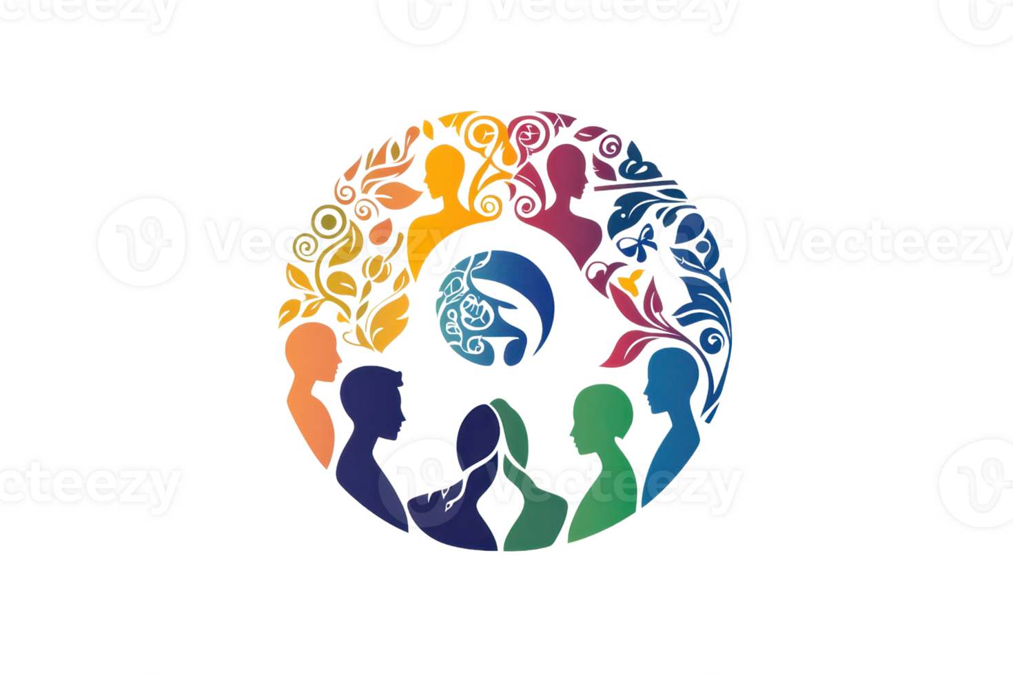 Colorful abstract illustration of diverse people holding hands in a circle around the globe, symbolizing unity, harmony, and global connection. png