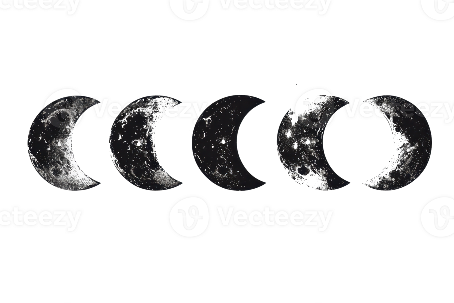 Collection of five moon phases, showcasing the celestial beauty and transition from crescent to full moon in a night sky. png