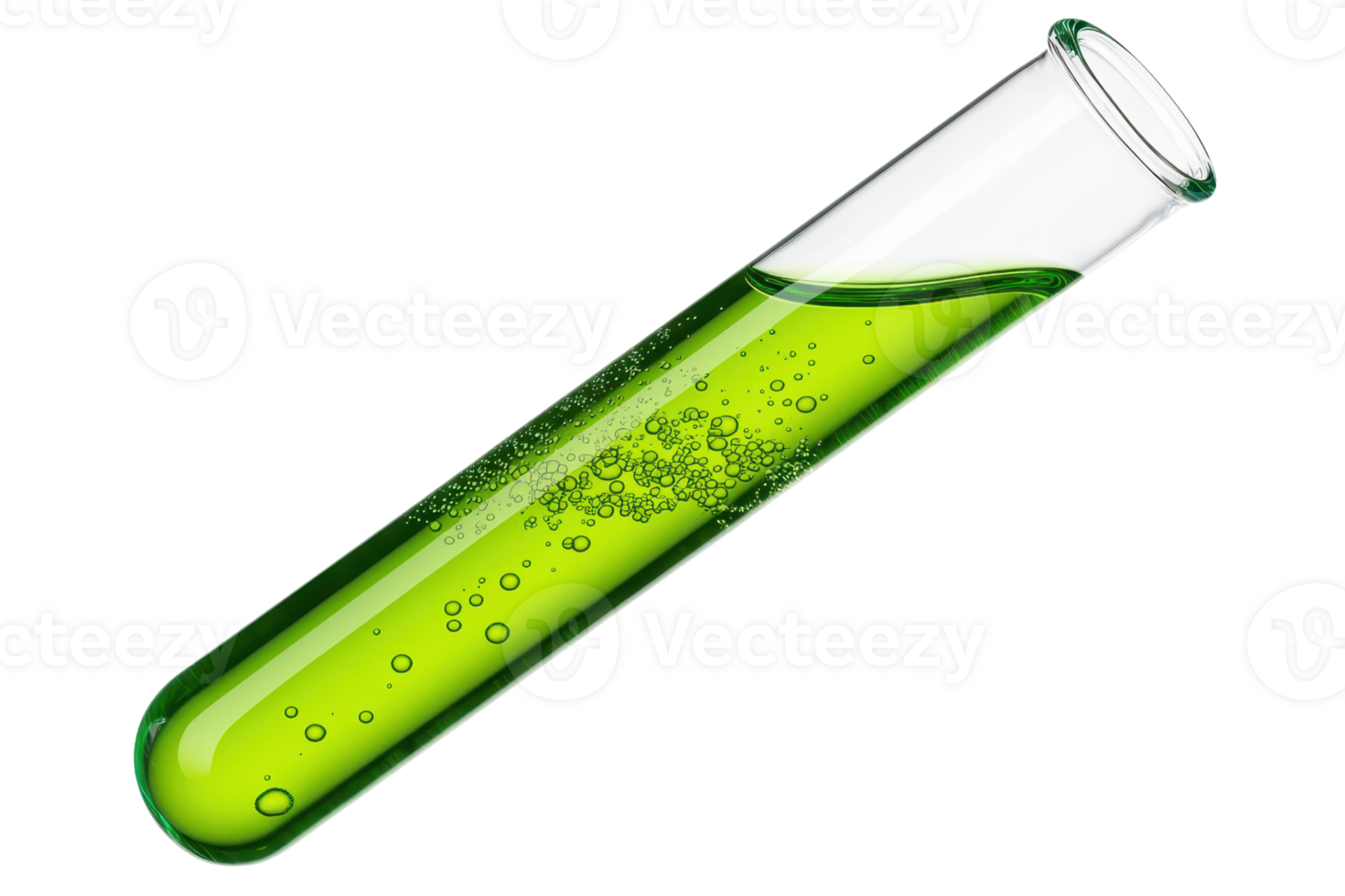 Close-up of a transparent test tube filled with bright green liquid and bubbles, representing science and laboratory research. png