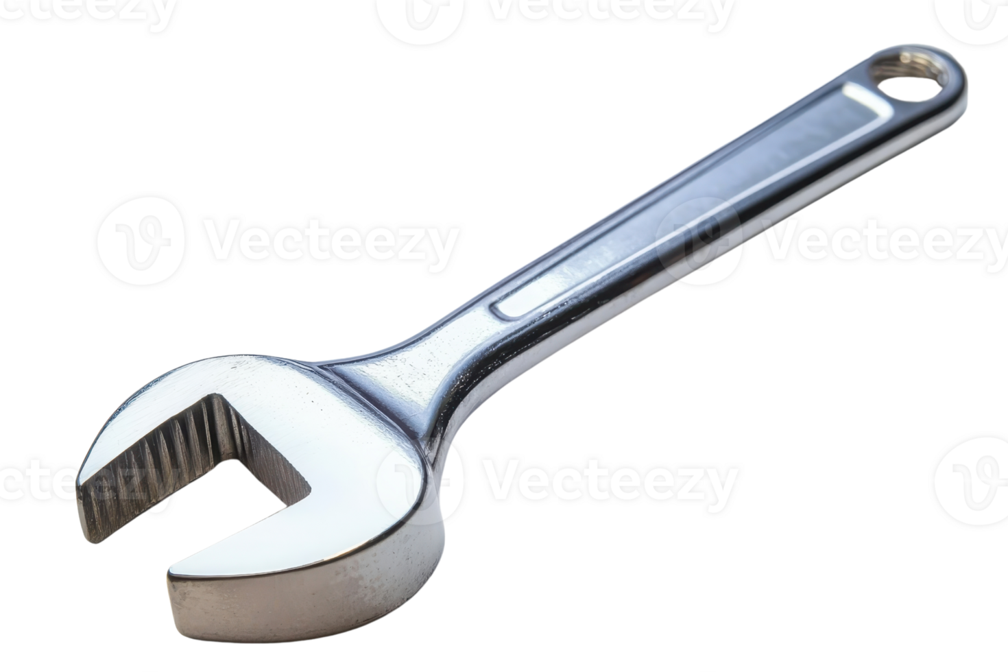 Close-up view of a stainless steel adjustable wrench, isolated on a transparent background. essential tool for construction and mechanical tasks. png