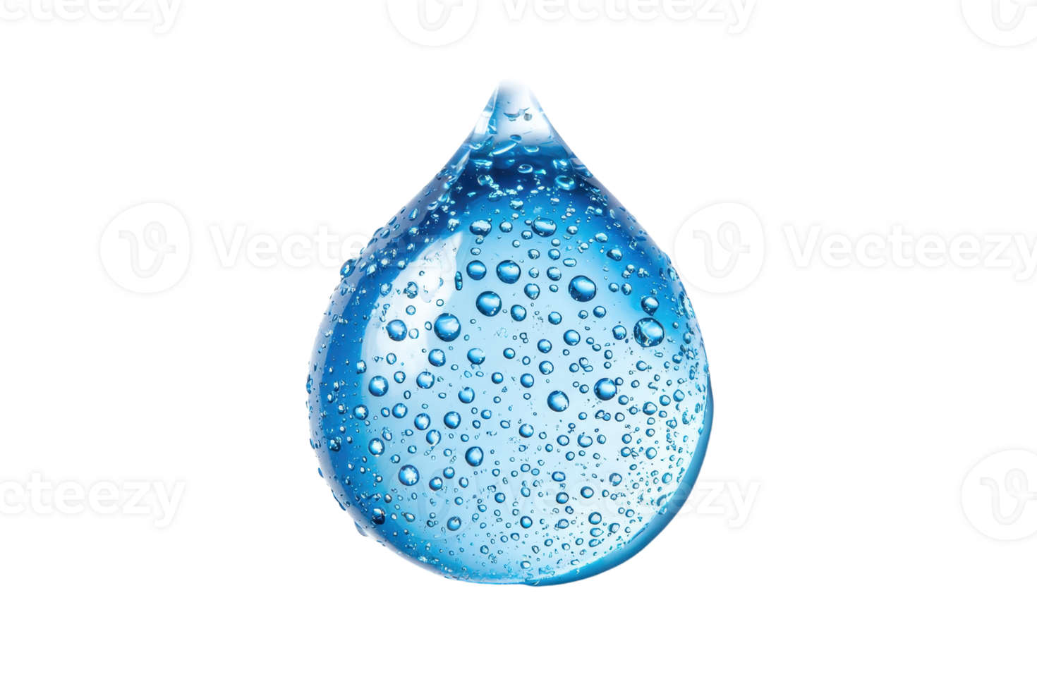 Close-up of a transparent blue water droplet with bubbles inside on transparent background. representing purity and freshness. png