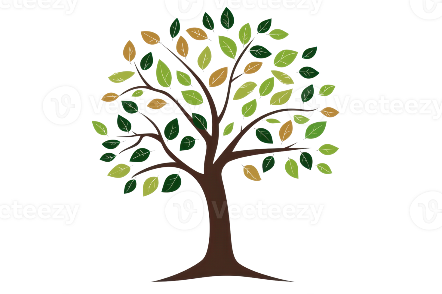 Colorful hand-drawn tree illustration with green and orange leaves, symbolizing nature, growth, and the changing seasons. png