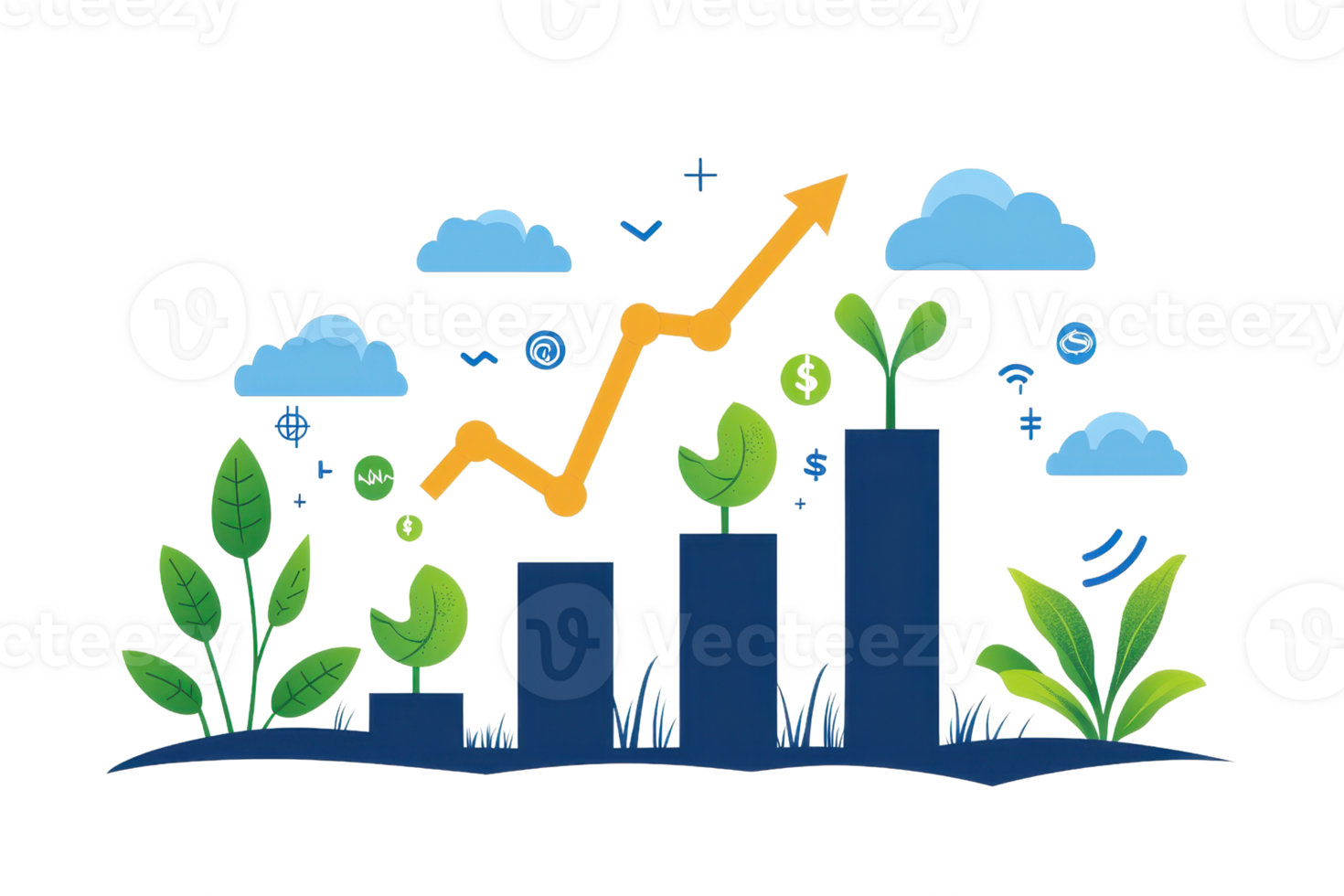 Colorful illustration of growing success in business, depicting upward growth graph with plants and clouds in the background. png