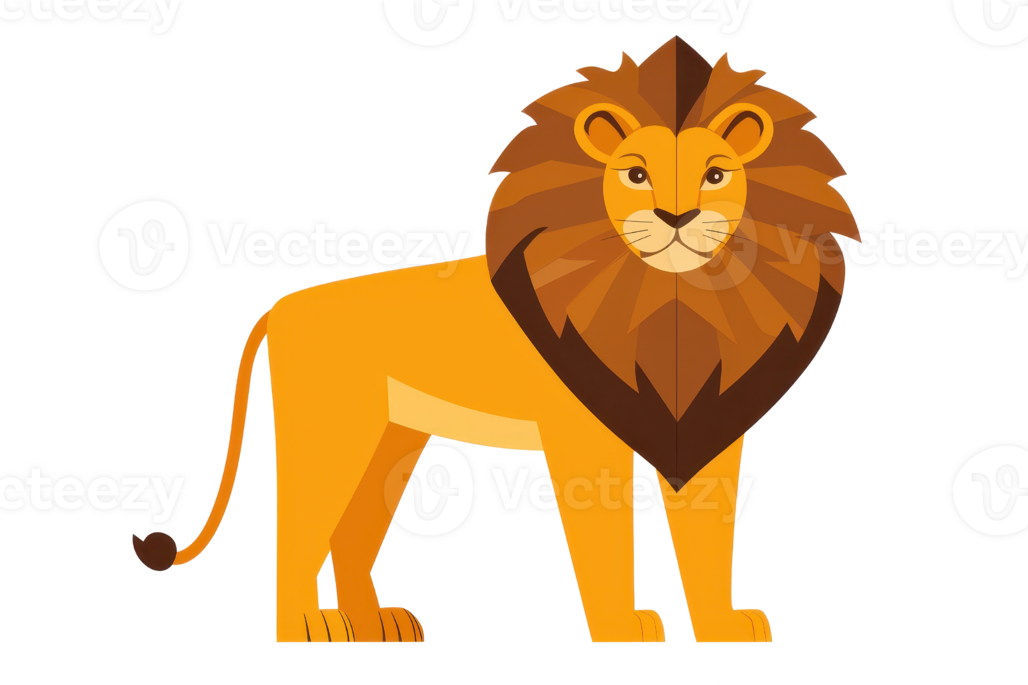Colorful cartoon illustration of a majestic lion with a dark mane, standing against a plain background. Ideal for educational content. png