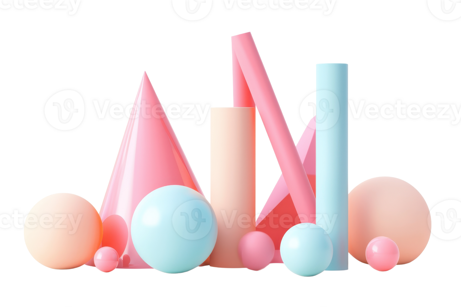 Colorful 3D geometric shapes including cones, spheres, and cylinders. Abstract and playful design ideal for modern creative projects. png