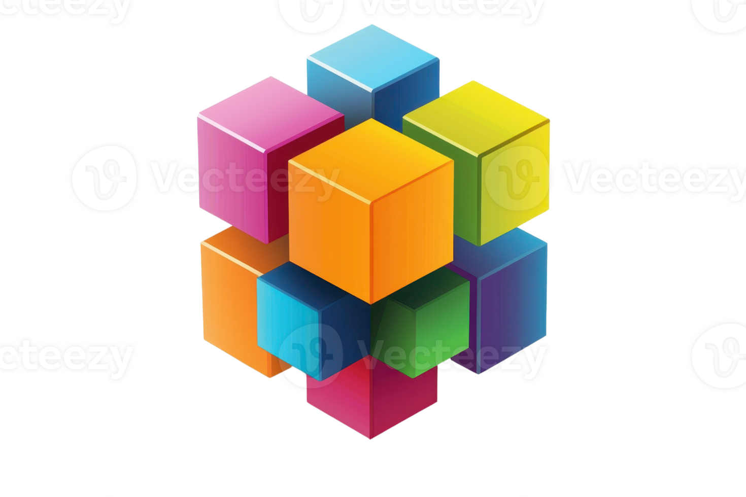 Colorful 3D geometric cube with interlocking parts, symbolizing complexity and creativity, isolated on a transparent background. png