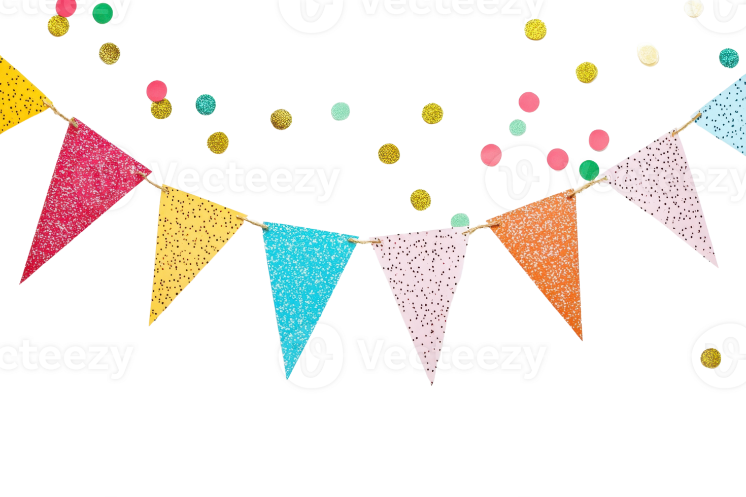 Colorful festive bunting and confetti decorate against a white backdrop, evoking a celebratory and joyful atmosphere ideal for events. png