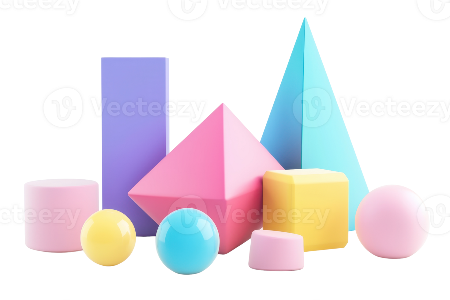 Colorful geometric shapes arrangement including spheres, cubes, pyramids, and cylinders in pastel tones. Perfect for design and educational use. png