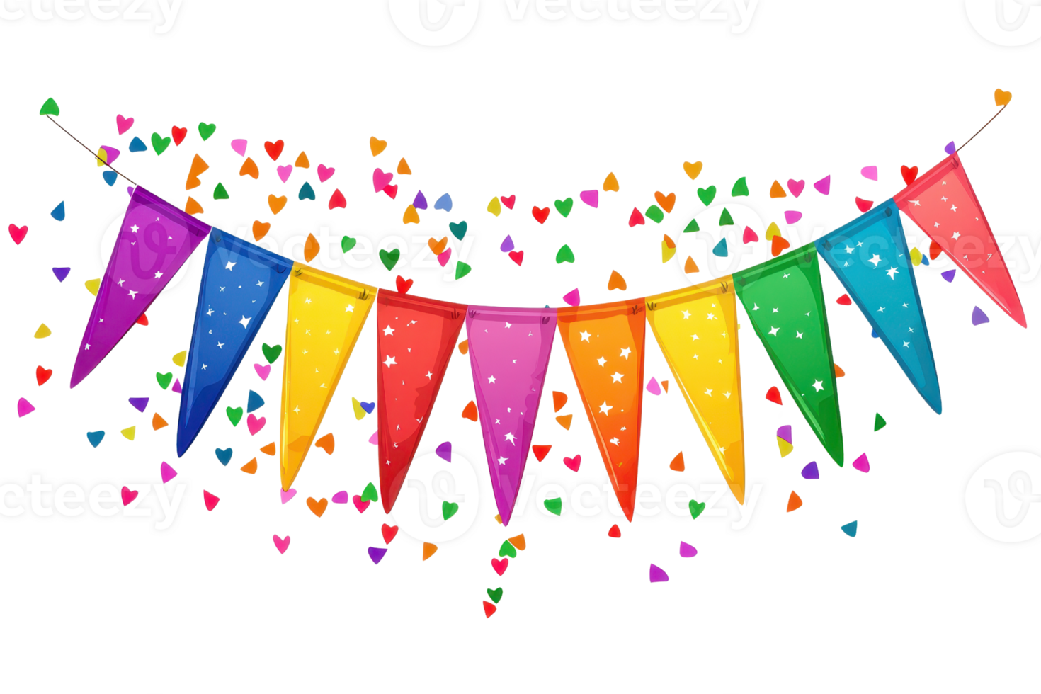 Colorful festive bunting with vibrant flags against a lively confetti background, perfect for parties, celebrations, and joyful occasions. png
