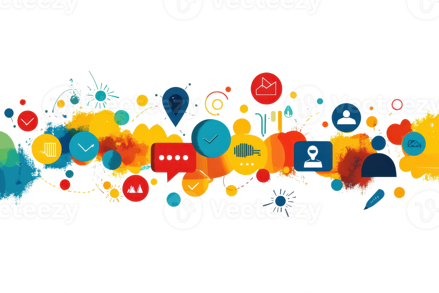 Colorful digital communication icons on abstract background, representing various technology, social media, and connectivity concepts. png