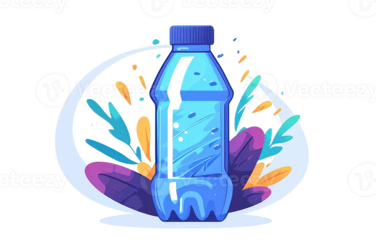 Colorful illustration of a blue plastic water bottle with creative splash elements, symbolizing freshness and hydration in a vibrant style. png