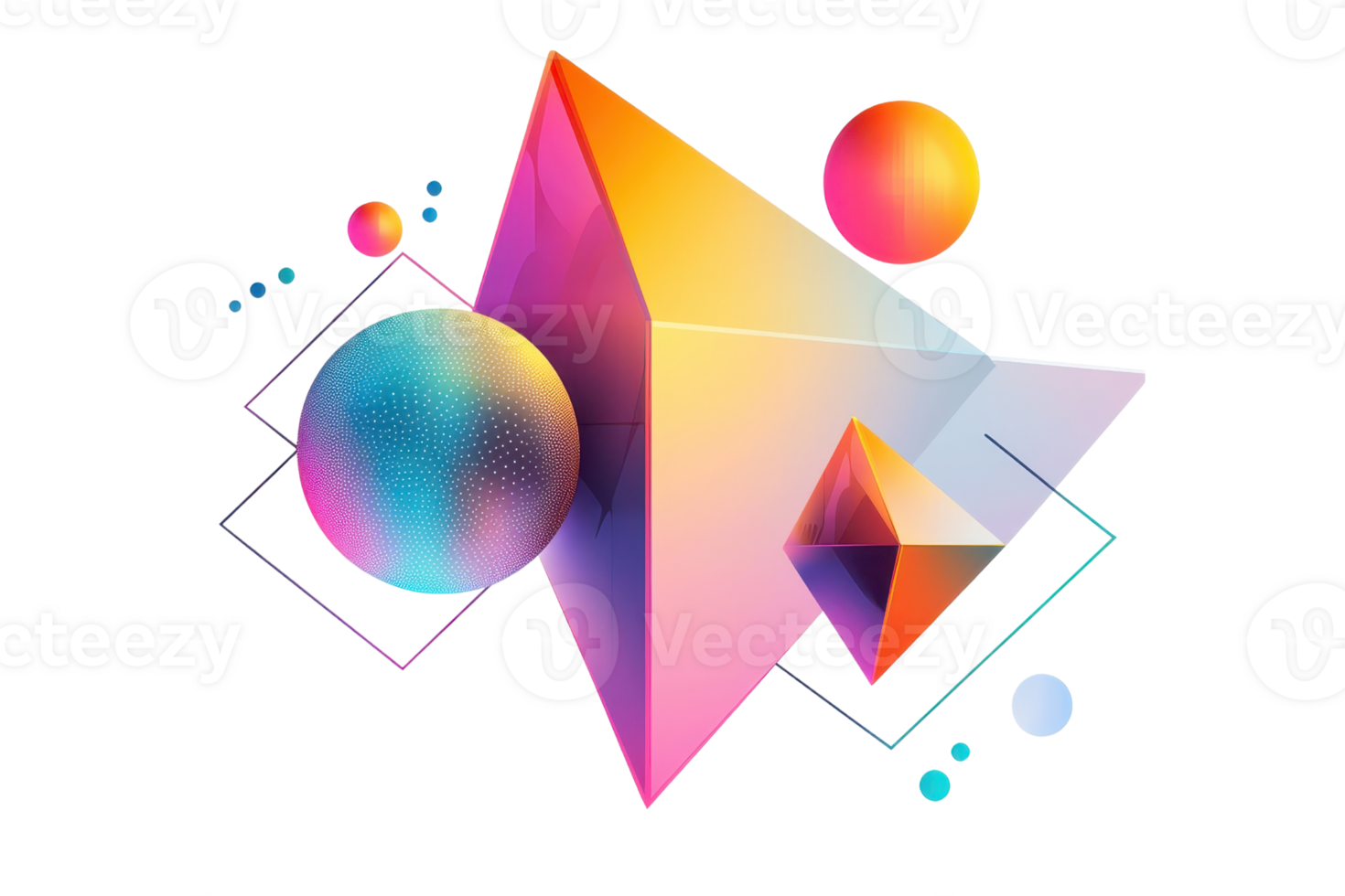 Colorful geometric shapes including pyramids and spheres with a modern gradient effect on a transparent background. Perfect for abstract design. png