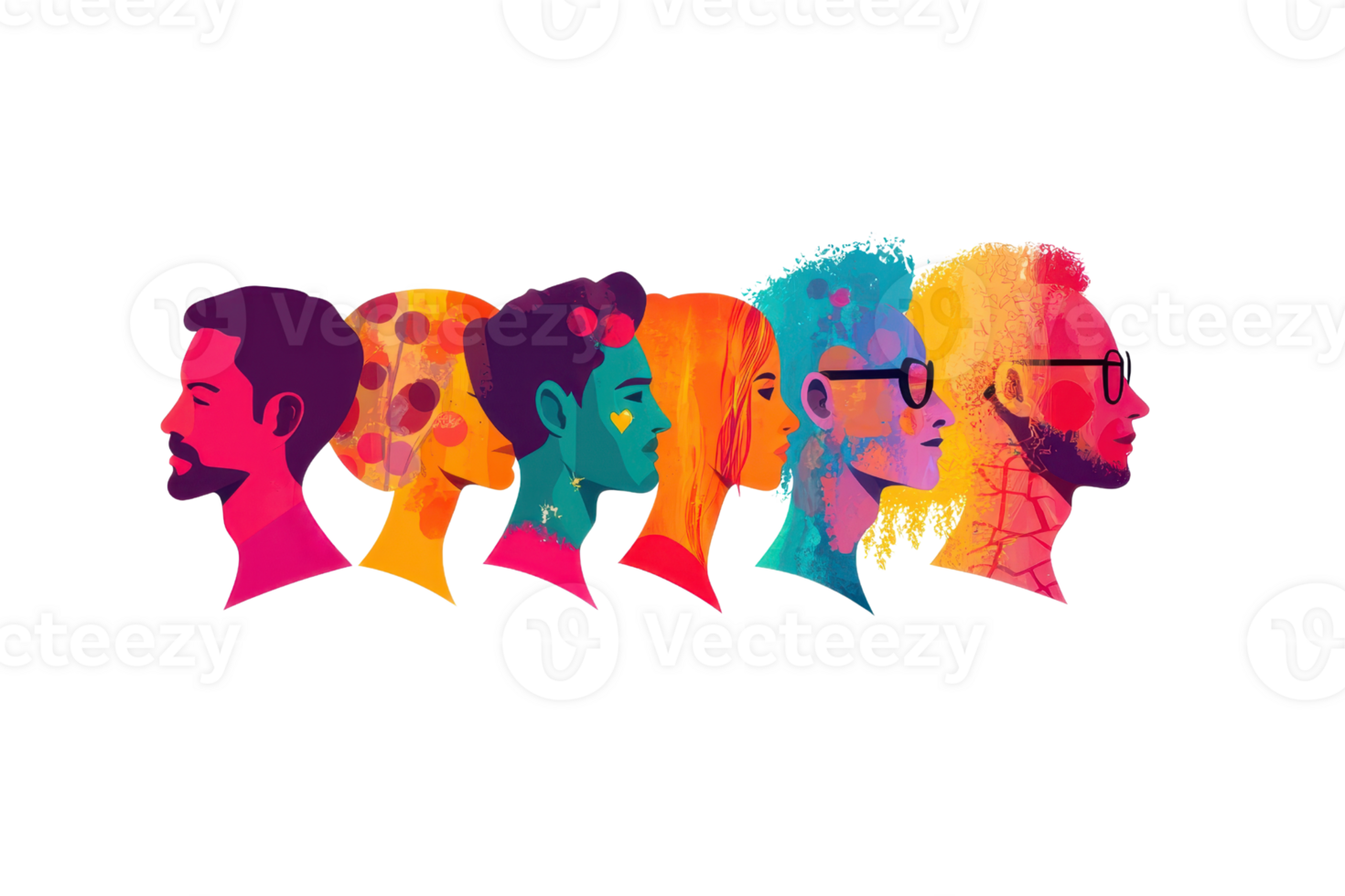 Colorful silhouette profiles of diverse individuals lined up in a row. Vibrant digital art showcasing unique styles and personalities. png