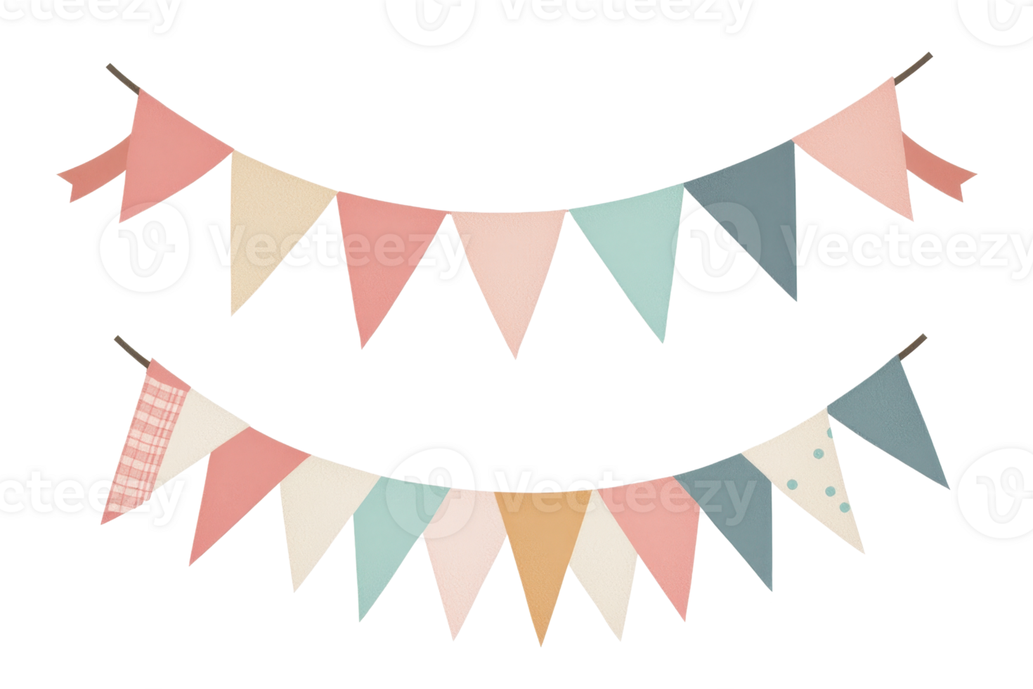 Colorful pastel bunting flags arranged in two rows, ideal for celebrations, parties, or festive decorations, adding a cheerful and vibrant touch. png