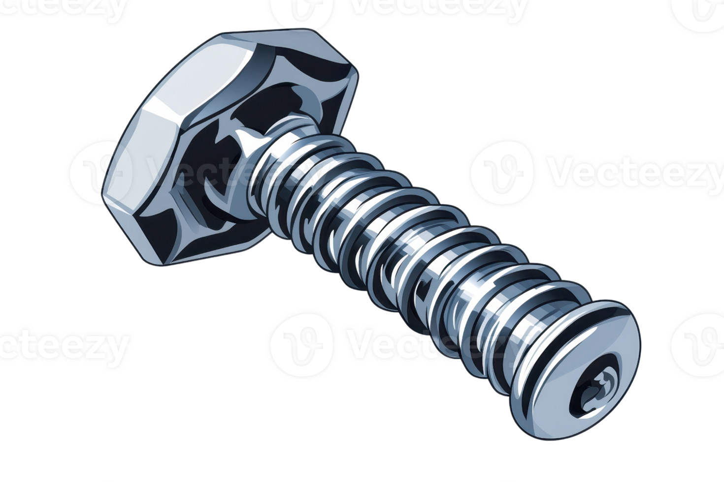 Close-up of a shiny metal screw with a hexagonal head, showcasing industrial strength and design on a transparent background. png