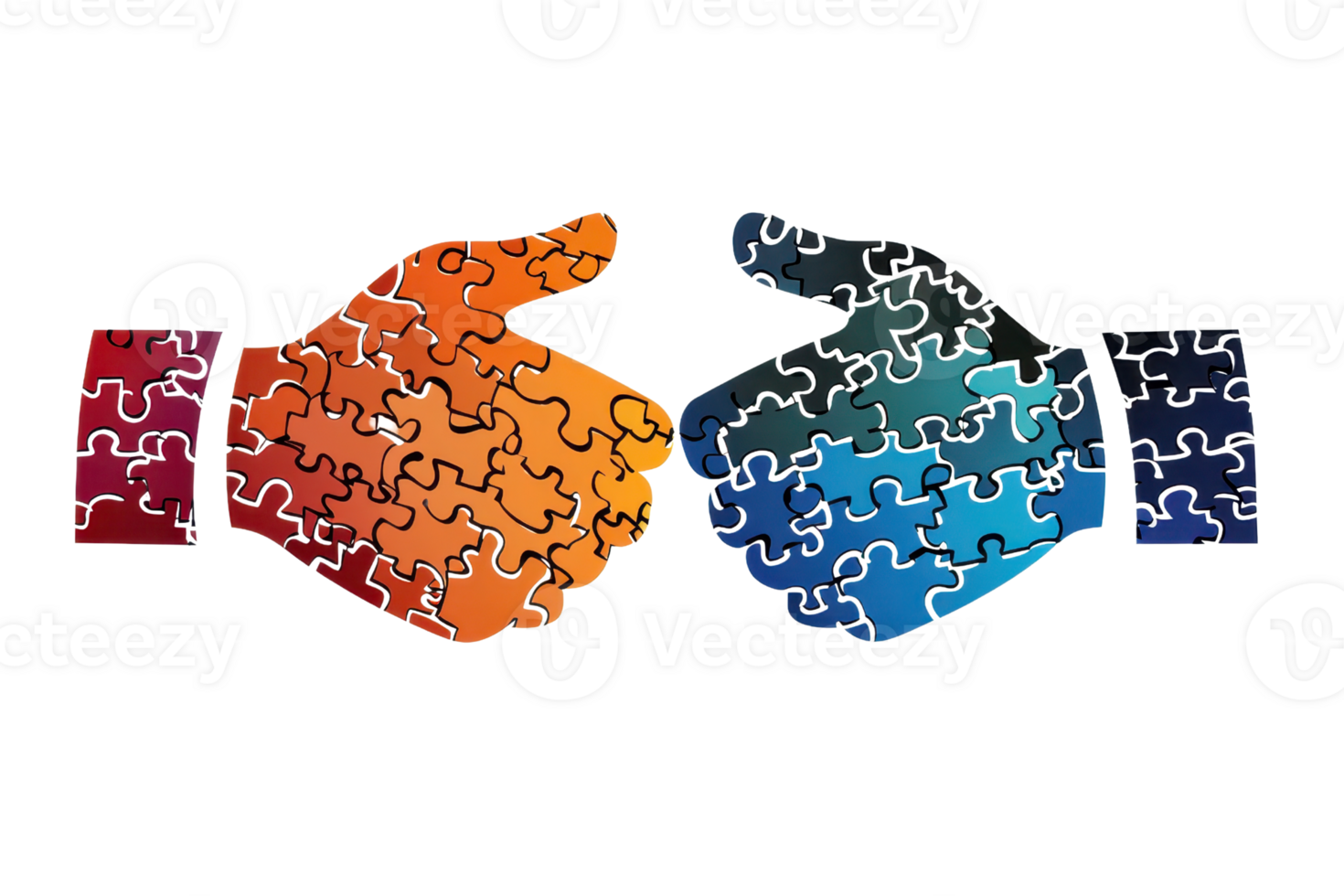 Colorful puzzle piece hands coming together, symbolizing teamwork, unity, and collaboration for stock photos and business concepts. png
