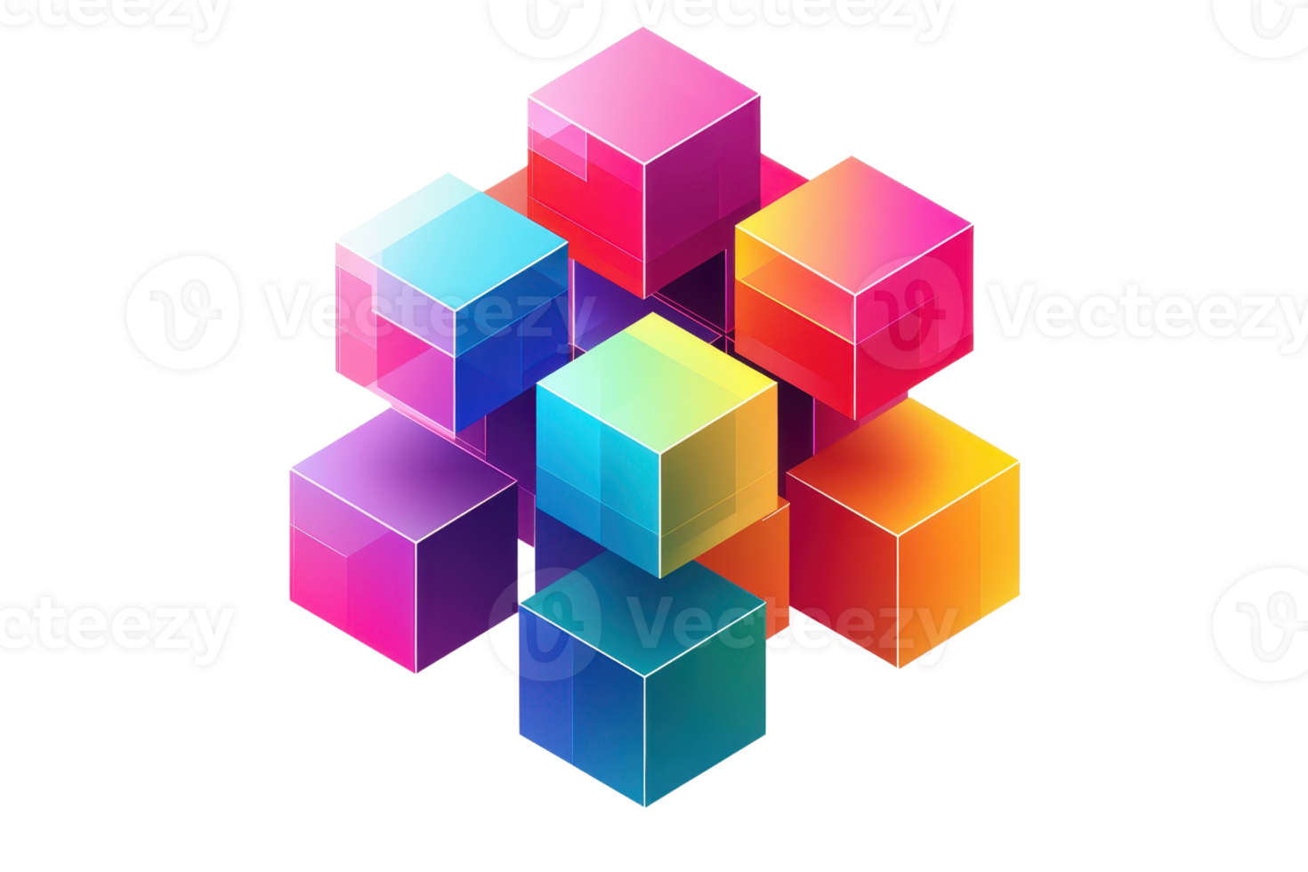 Colorful 3D cubes arranged dynamically, showcasing vibrant hues and depth, perfect for design backgrounds or creative projects. png