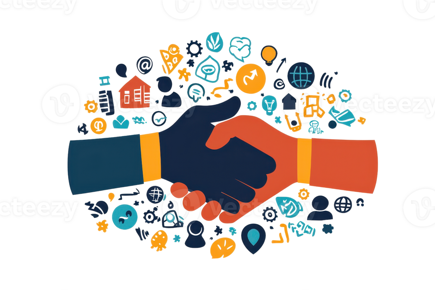 Colorful business handshake illustration symbolizing partnership, collaboration, and mutual agreement surrounded by various business icons. png