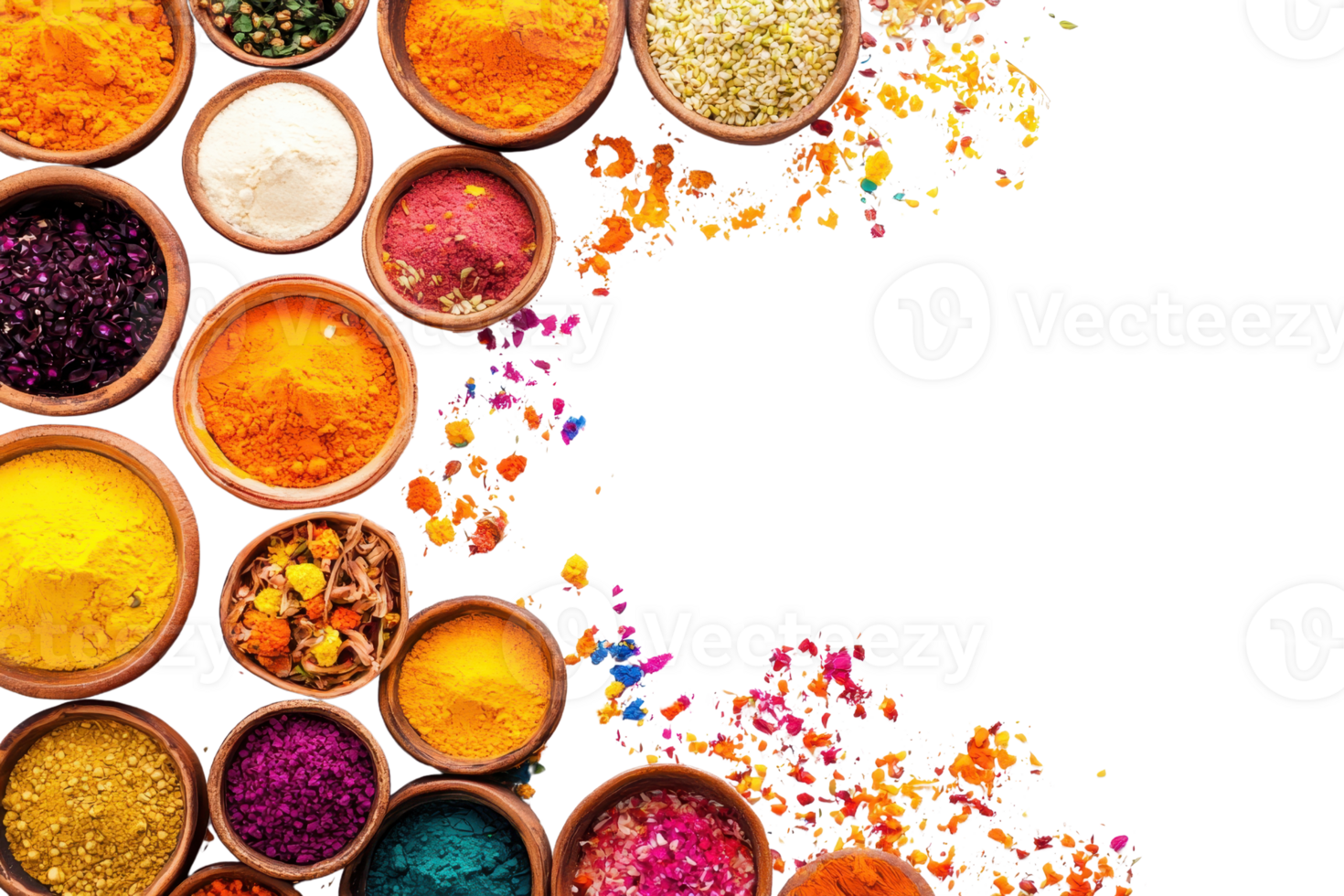 Colorful assortment of various spices in rustic bowls on a transparent background. Perfect for adding vibrant color and flavor to any culinary project. png
