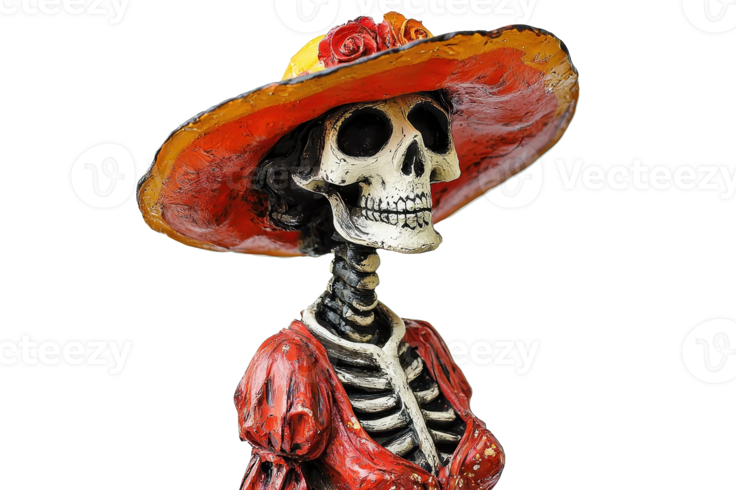 Colorful Day of the Dead skeleton figurine wearing an orange hat and red dress, symbolizing Mexican culture and traditions. png
